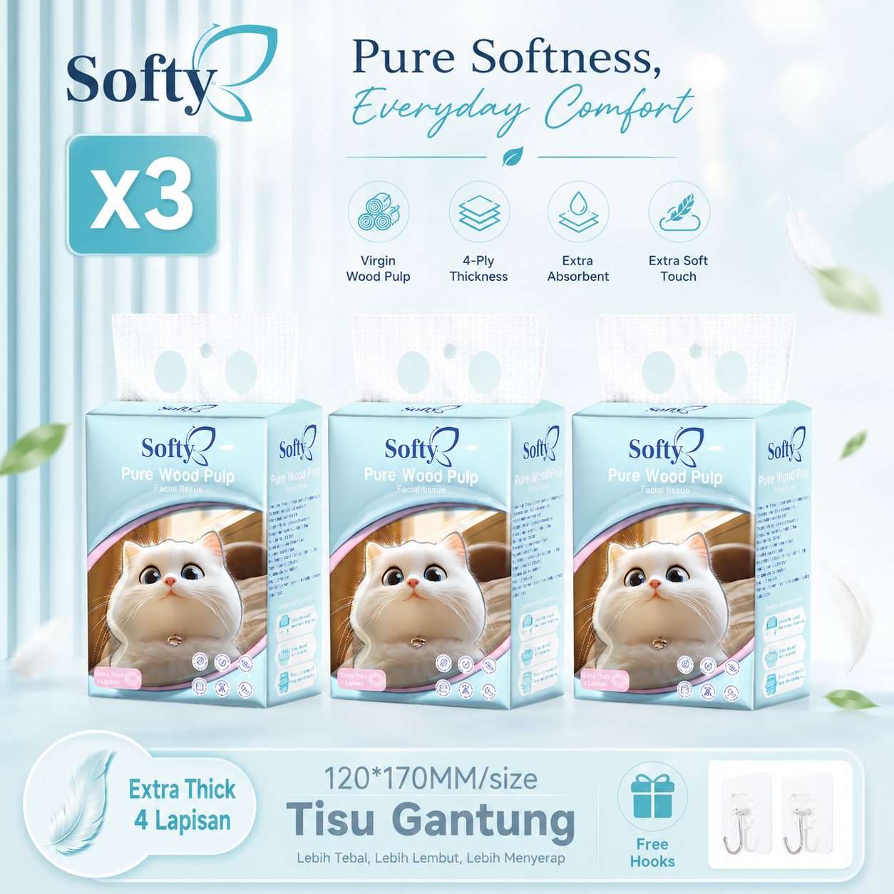 Softy AIR-cushion Tissue 4 Lapisan 900 Helai 135*175mm Air-cushion Deluxe Comfort Tissue Gantung 【3Packs】 Tisu Free 1 Hook