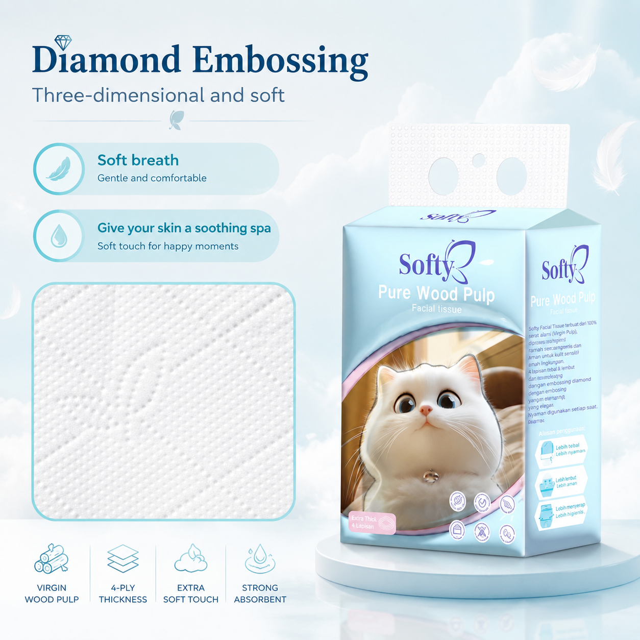 Softy AIR-cushion Tissue 4 Lapisan 900 Helai 135*175mm Air-cushion Deluxe Comfort Tissue Gantung 【3Packs】 Tisu Free 1 Hook