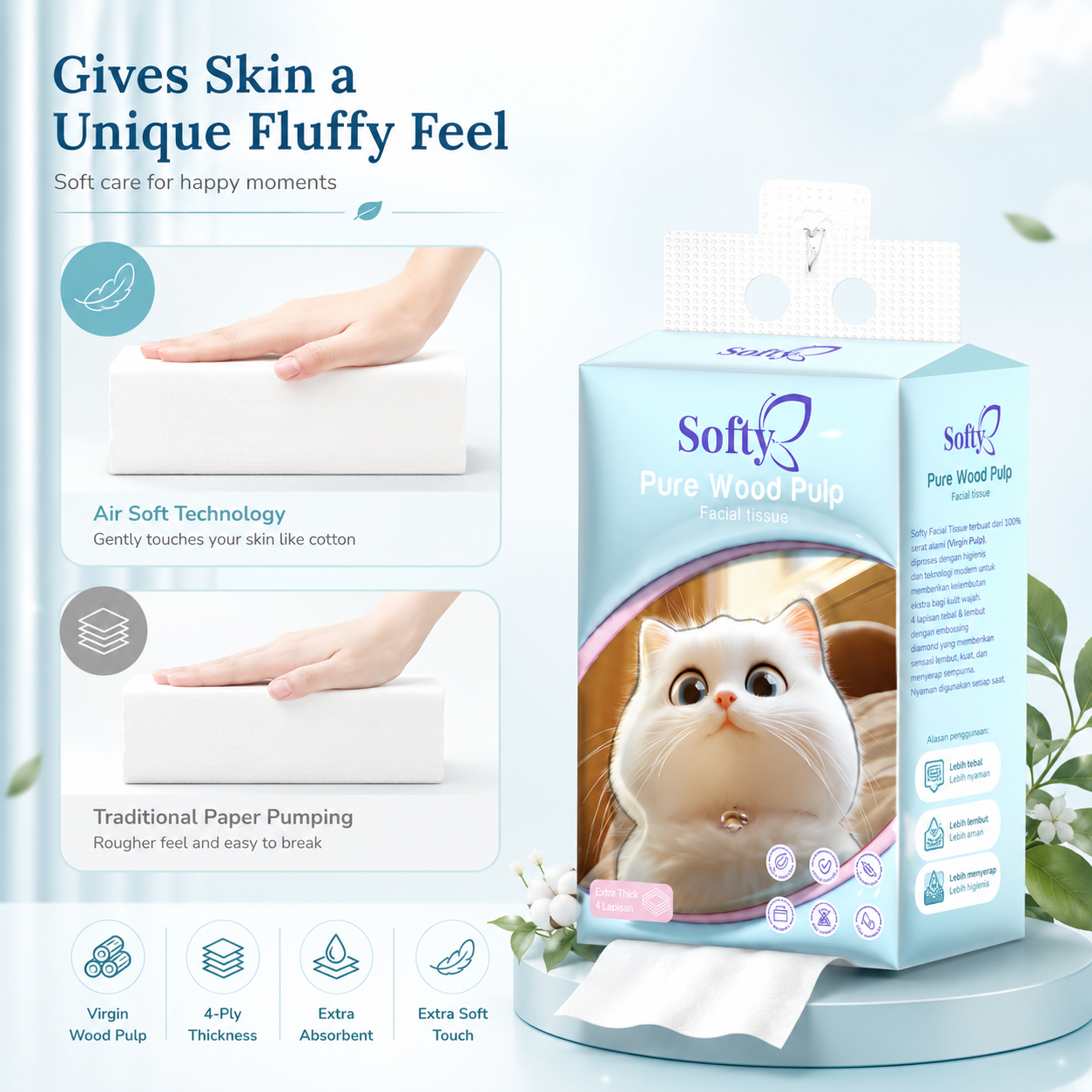 Softy AIR-cushion Tissue 4 Lapisan 900 Helai 135*175mm Air-cushion Deluxe Comfort Tissue Gantung 【3Packs】 Tisu Free 1 Hook