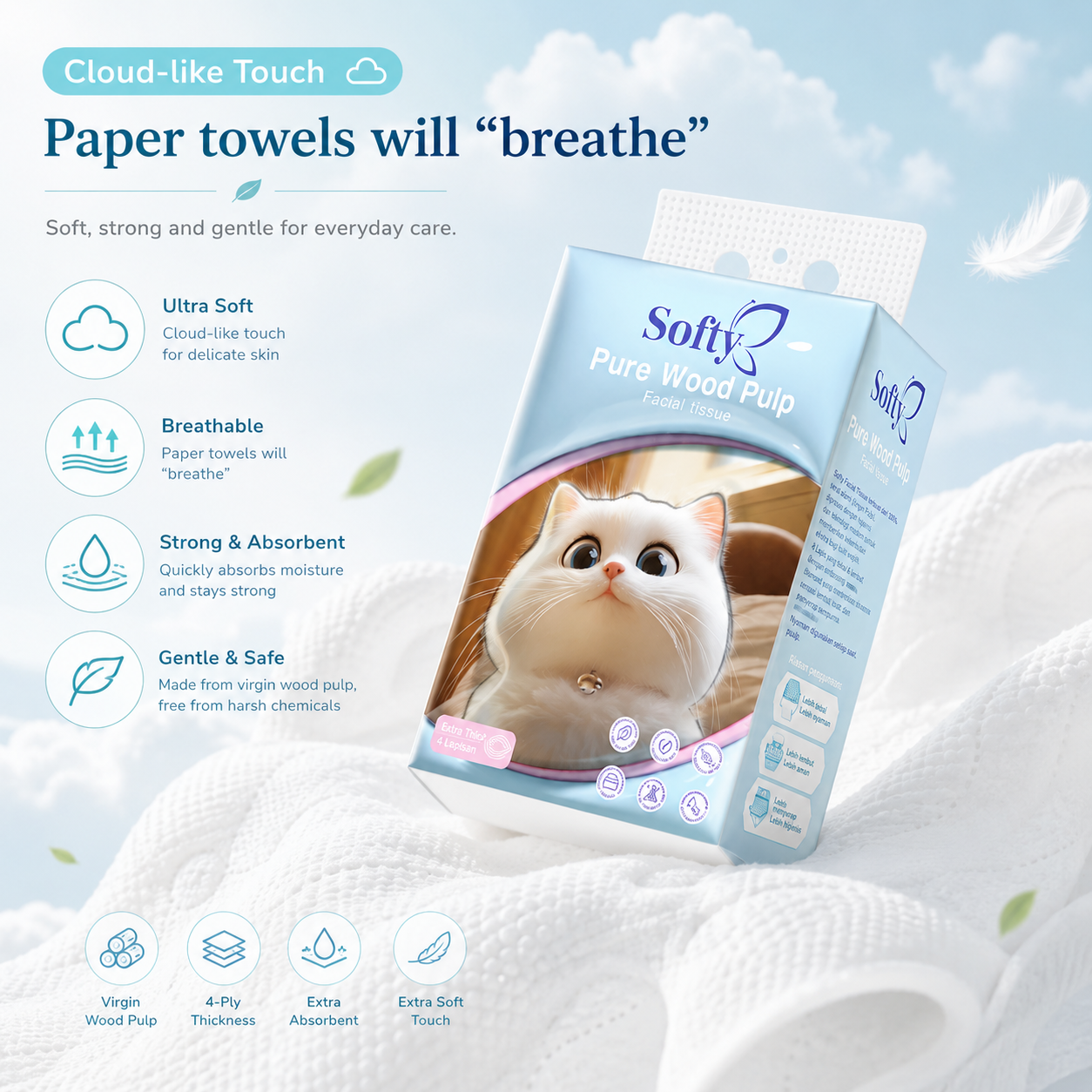Softy AIR-cushion Tissue 4 Lapisan 900 Helai 135*175mm Air-cushion Deluxe Comfort Tissue Gantung 【3Packs】 Tisu Free 1 Hook