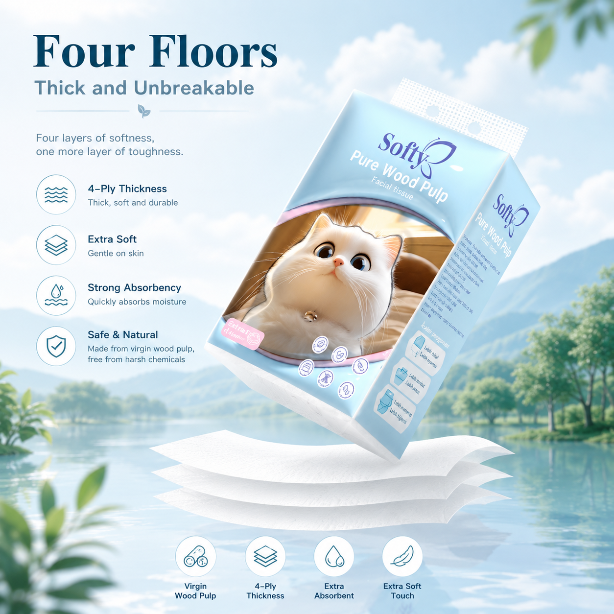 Softy AIR-cushion Tissue 4 Lapisan 900 Helai 135*175mm Air-cushion Deluxe Comfort Tissue Gantung 【3Packs】 Tisu Free 1 Hook