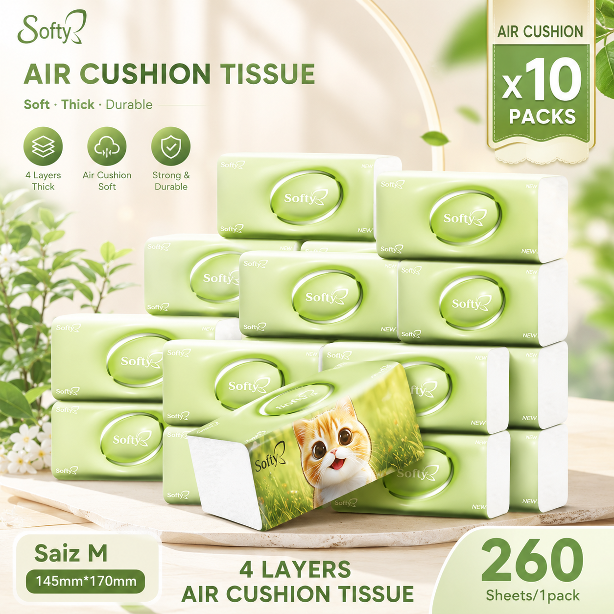【10 Pek Tisu Softy】Softy Tough Tisu Tebal 4 Lapisan 260 Helai 170*145mm Tisu Pocket Tisu Kereta Tisu