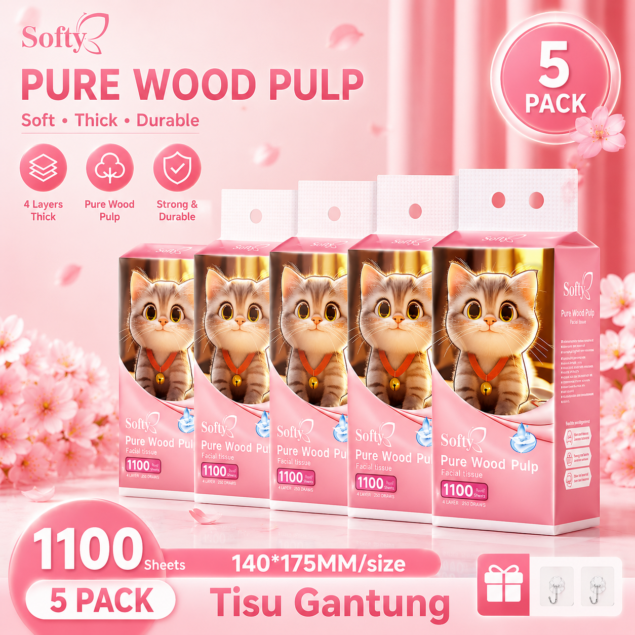Softy AIR-cushion Tissue 4-Ply 1000 sheets 145*175mm Air-cushion Deluxe Comfort Tissue 【5Packs】 Tisu