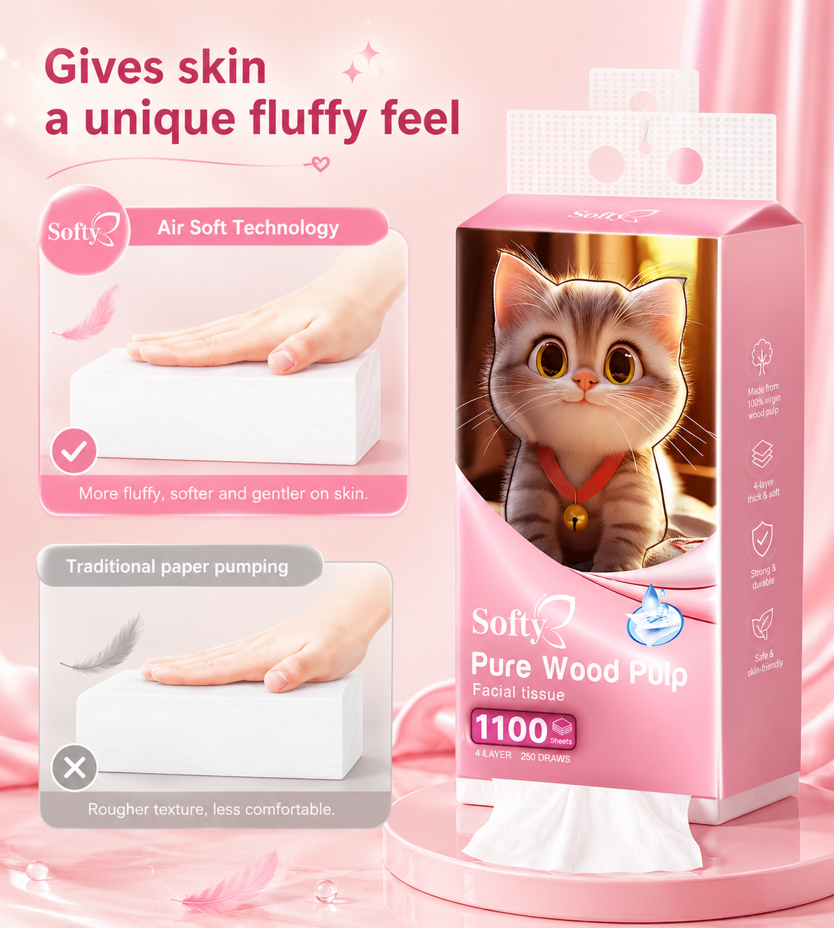 Softy AIR-cushion Tissue 4-Ply 1000 sheets 145*175mm Air-cushion Deluxe Comfort Tissue 【5Packs】 Tisu