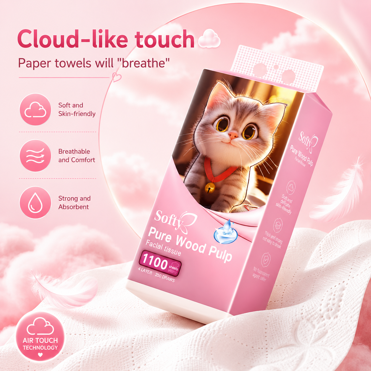Softy AIR-cushion Tissue 4-Ply 1000 sheets 145*175mm Air-cushion Deluxe Comfort Tissue 【5Packs】 Tisu