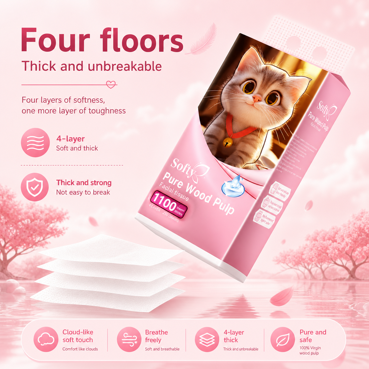 Softy AIR-cushion Tissue 4-Ply 1000 sheets 145*175mm Air-cushion Deluxe Comfort Tissue 【5Packs】 Tisu