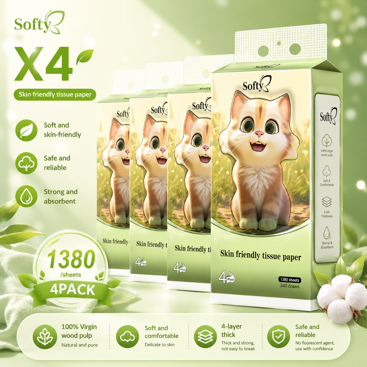 Softy AIR-cushion Tissue 4-Ply 1360 sheets Air-cushion Deluxe Comfort Tissue Free 2 HOOK 157*175mm 【4Packs】