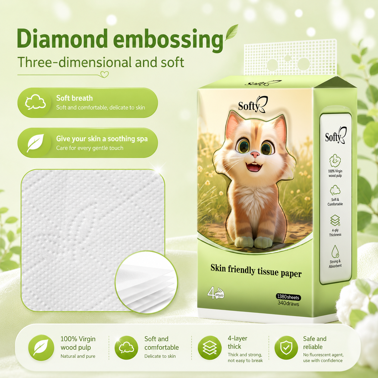 Softy AIR-cushion Tissue 4-Ply 1360 sheets Air-cushion Deluxe Comfort Tissue Free 2 HOOK 157*175mm 【4Packs】