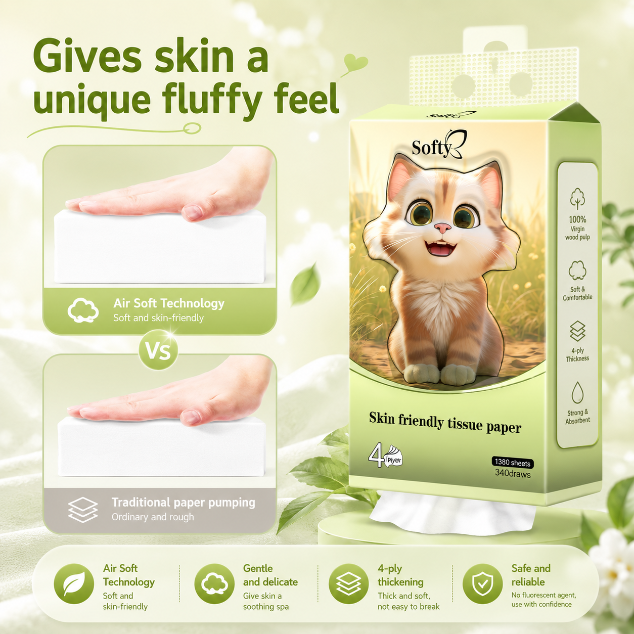 Softy AIR-cushion Tissue 4-Ply 1360 sheets Air-cushion Deluxe Comfort Tissue Free 2 HOOK 157*175mm 【4Packs】