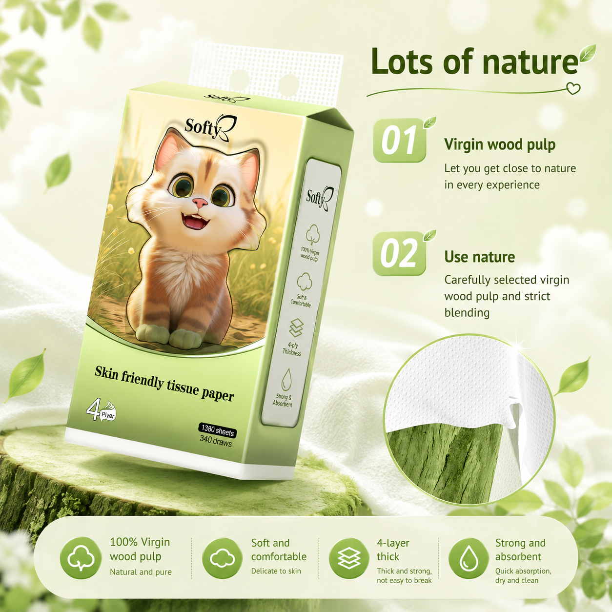Softy AIR-cushion Tissue 4-Ply 1360 sheets Air-cushion Deluxe Comfort Tissue Free 2 HOOK 157*175mm 【4Packs】