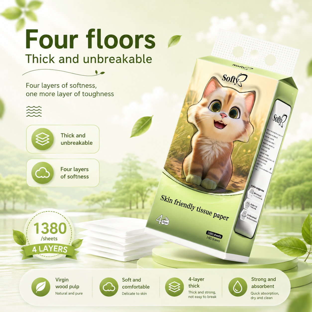 Softy AIR-cushion Tissue 4-Ply 1360 sheets Air-cushion Deluxe Comfort Tissue Free 2 HOOK 157*175mm 【4Packs】