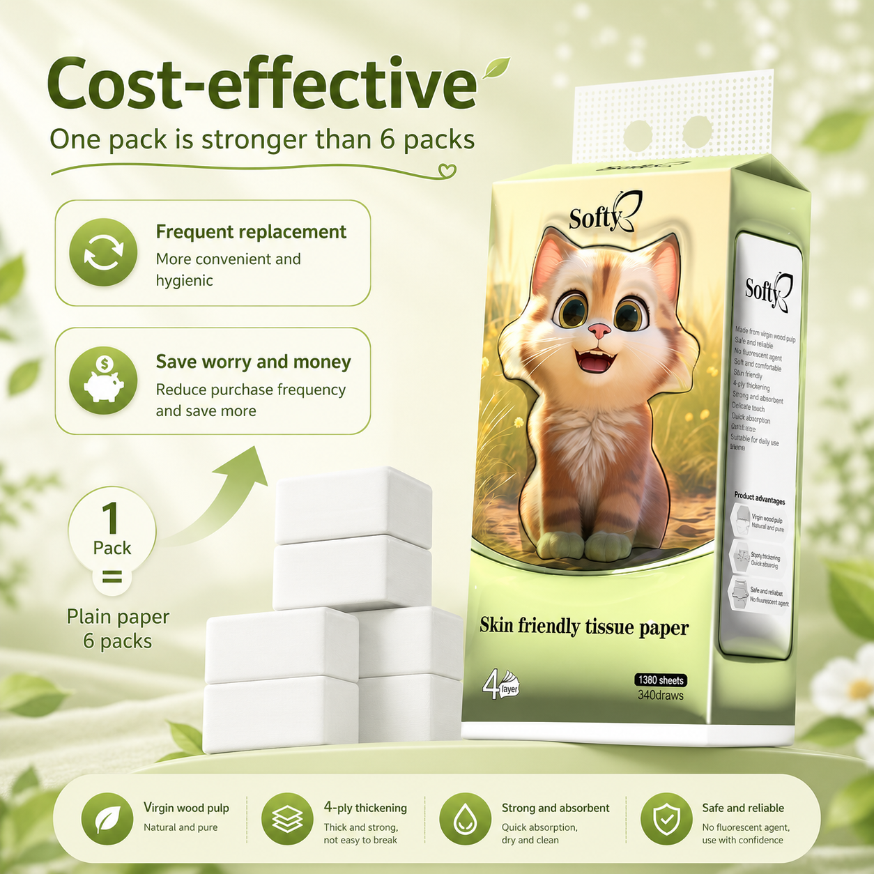 Softy AIR-cushion Tissue 4-Ply 1360 sheets Air-cushion Deluxe Comfort Tissue Free 2 HOOK 157*175mm 【4Packs】
