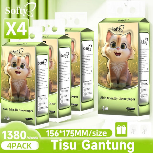 Softy AIR-cushion Tissue 4-Ply 1360 sheets Air-cushion Deluxe Comfort Tissue Free 2 HOOK 157*175mm 【4Packs】