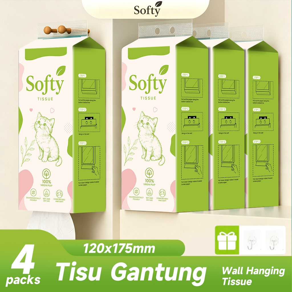 [4 pek Tisu Softy] Softy Tissue Gantung Hanging Tissue Viral Facial Tissue Tissue Paper 120*175mm Free 2 Hook 2 Lapisan